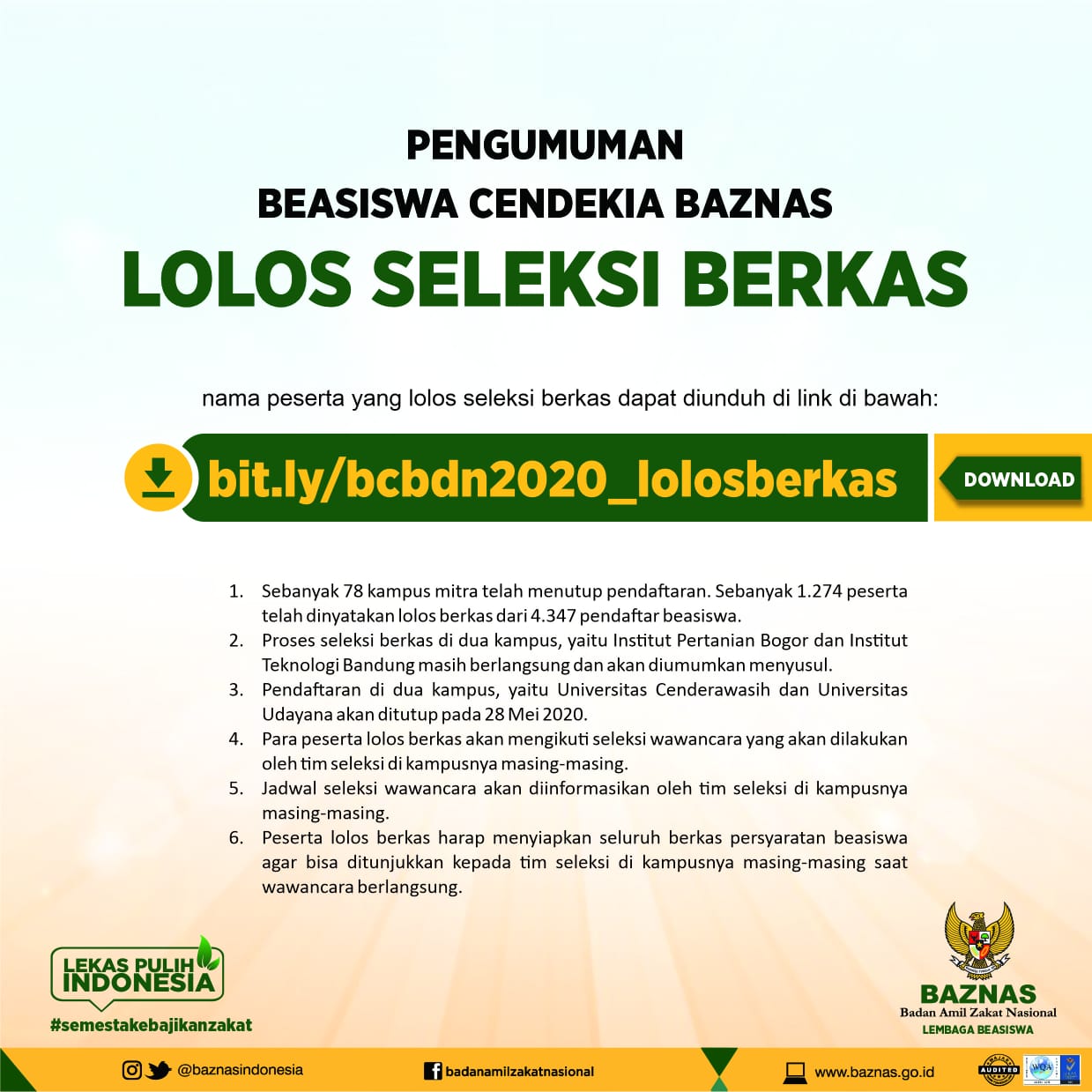 Pengumuman Lolos Seleksi Berkas Beasiswa Cendekia Baznas | Universitas ...