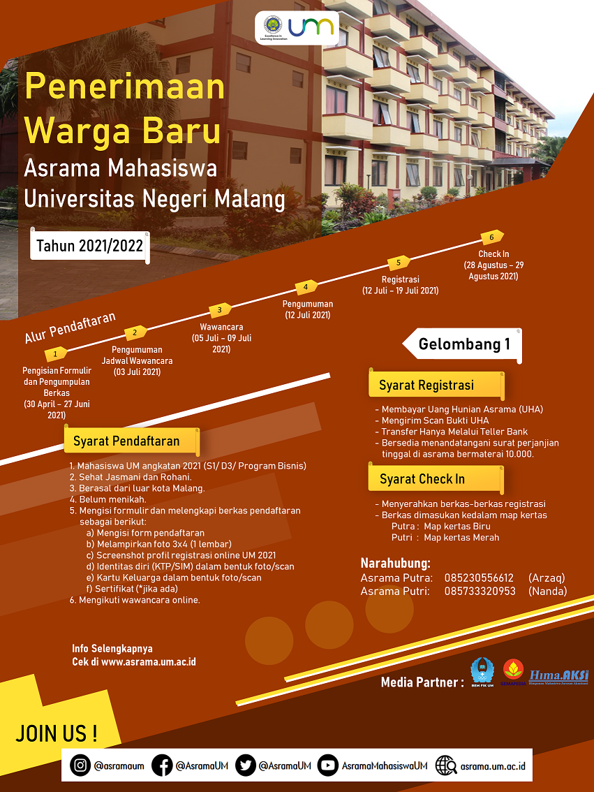 Pendaftaran Warga Asrama Mahasiswa Universitas Negeri Malang tahun