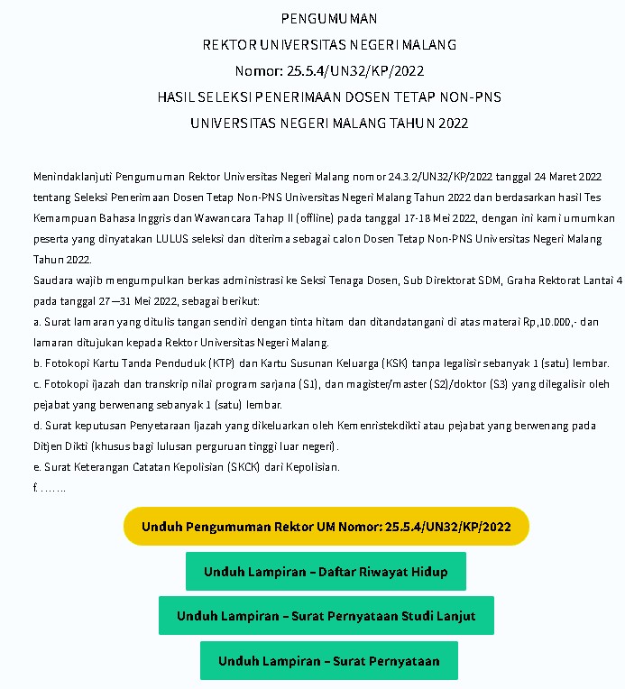 PENGUMUMAN HASIL SELEKSI PENERIMAAN DOSEN TETAP NON-PNS UNIVERSITAS NEGERI MALANG TAHUN 2022