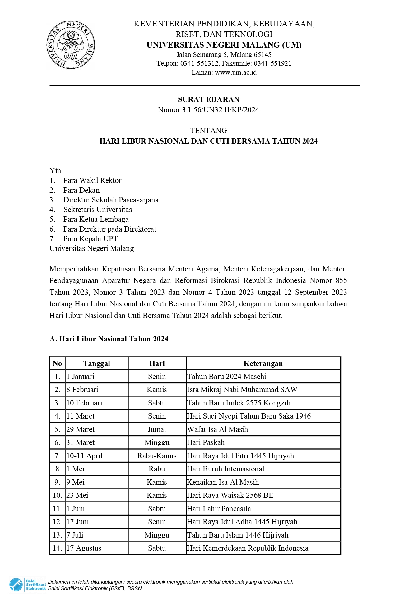 SURAT EDARAN HARI LIBUR NASIONAL DAN CUTI BERSAMA TAHUN 2024