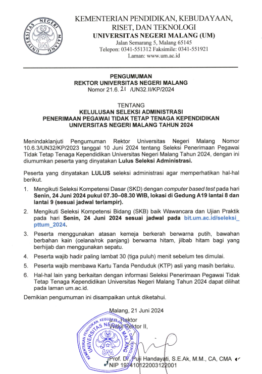 PENGUMUMAN REKTOR UM TENTANG KELULUSAN SELEKSI ADMINISTRASI PENERIMAAN PEGAWAI TIDAK TETAP TENAGA KEPENDIDIKAN UM TAHUN 2024