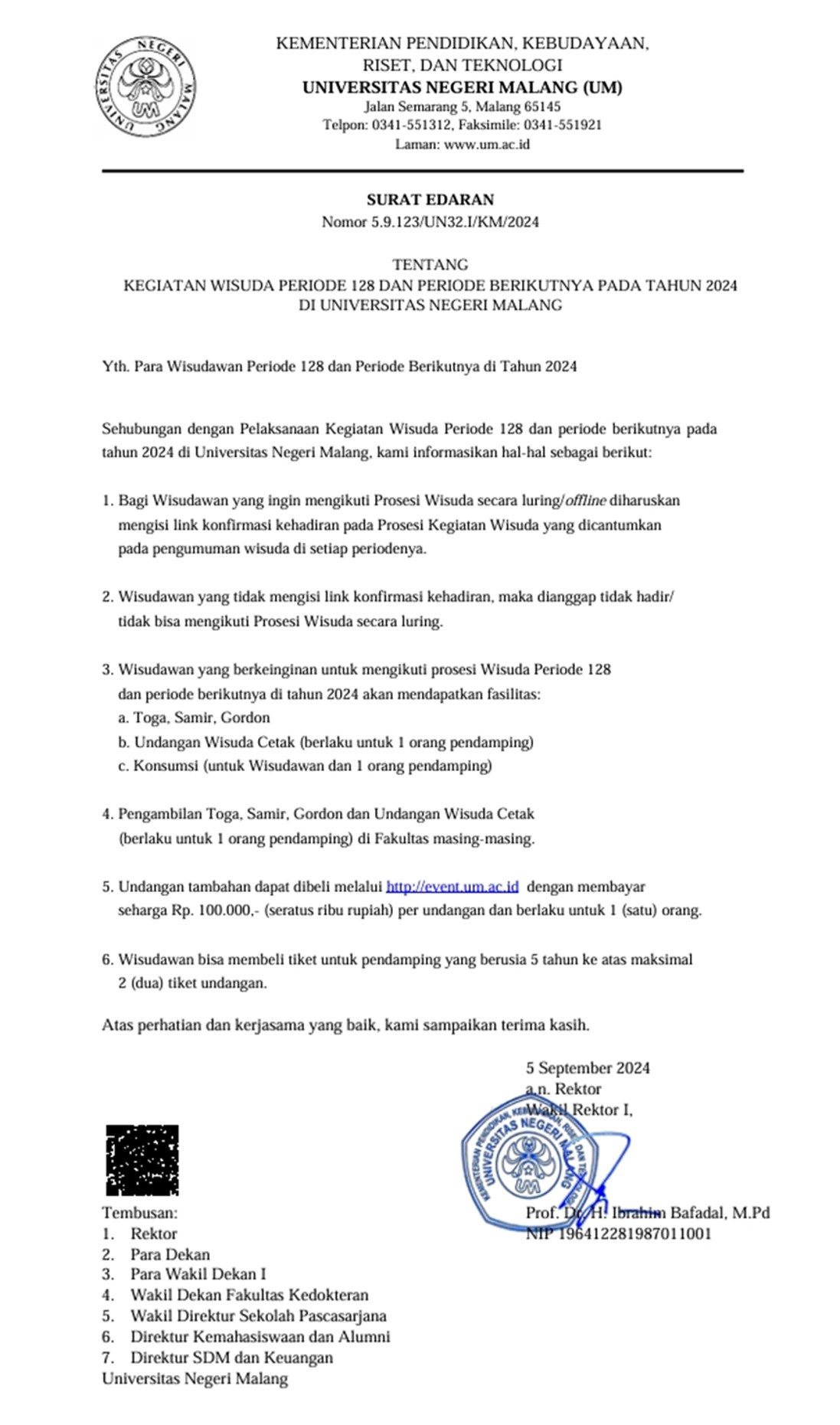 Surat Edaran Tentang Kegiatan Wisuda Periode 128 dan Periode Berikutnya Pada Tahun 2024 di Universitas Negeri Malang