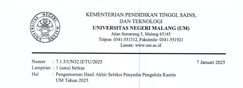 [PENGUMUMAN] Hasil Seleksi Akhir Penyedia Pengelola Kantin UM Tahun 2025