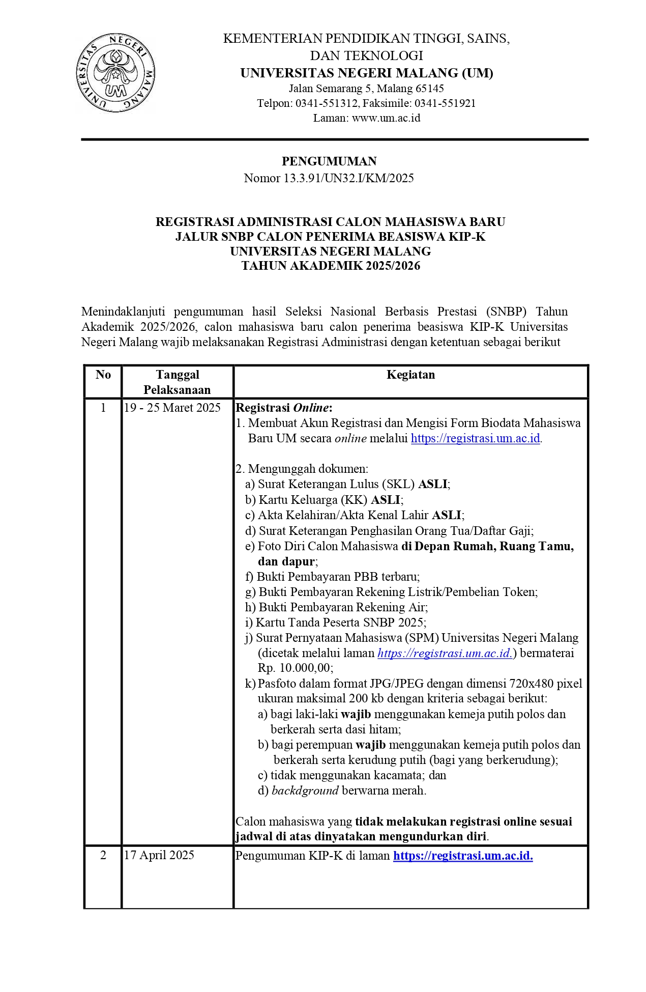 Registrasi Administrasi Calon Mahasiswa Baru Jalur SNBP Calon Penerima Beasiswa KIP-K Universitas Negeri Malang Tahun Akademik 2025/2026
