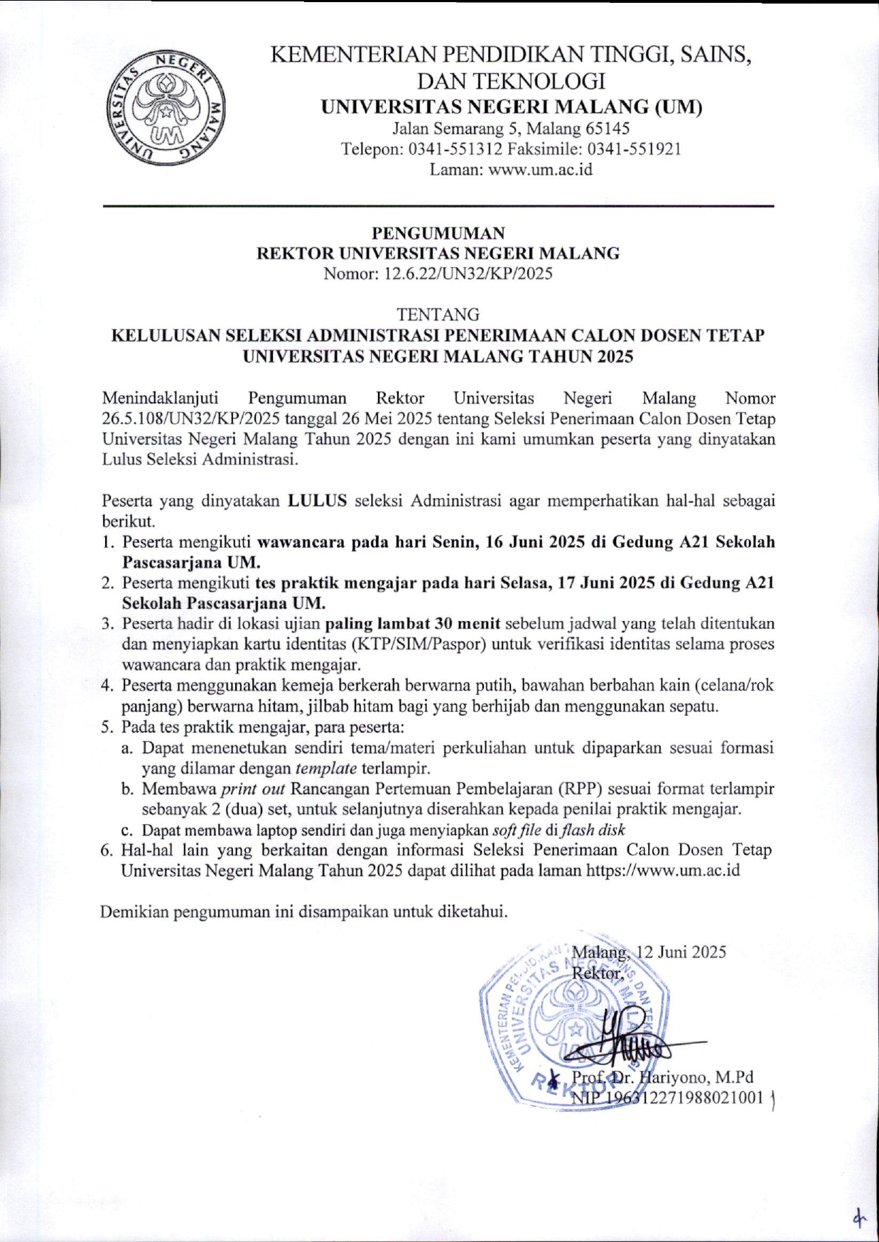 PENGUMUMAN KELULUSAN SELEKSI ADMINISTRASI PENERIMAAN CALON DOSEN TETAP UNIVERSITAS NEGERI MALANG TAHUN 2025