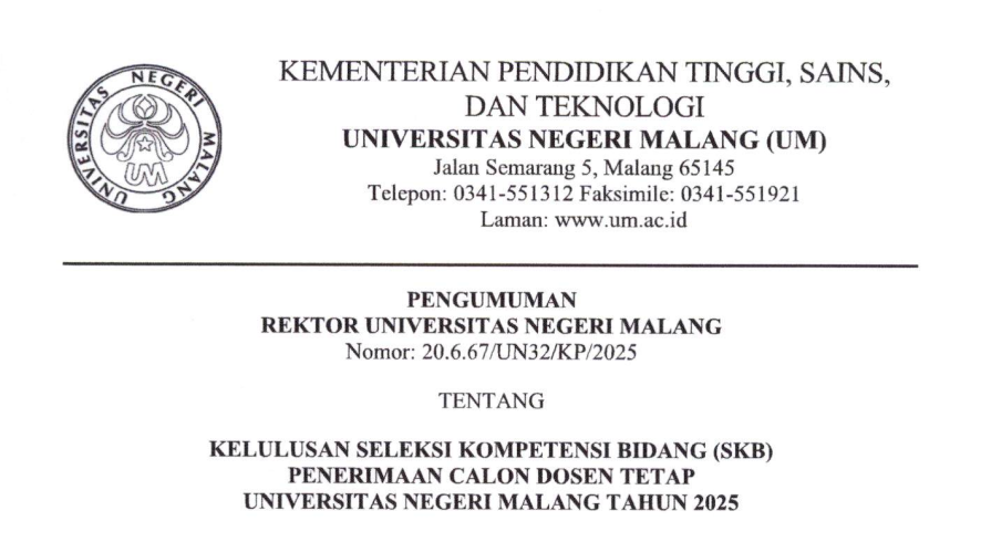 [PENGUMUMAN] Seleksi Kemampuan Bidang Calon Dosen Tetap Universitas Negeri Malang