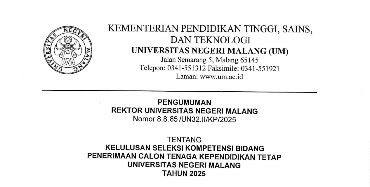 [PENGUMUMAN] Kelulusan SKB Penerimaan Calon Tenaga Kependidikan Tetap UM 2025