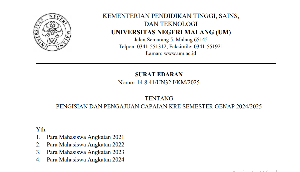 [PENGUMUMAN] PENGISIAN DAN PENGAJUAN CAPAIAN KRE SEMESTER GENAP 2024/2025