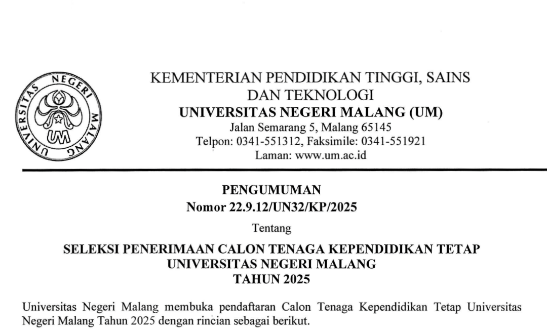 [PENGUMUMAN] Seleksi Calon Tenaga Kependidikan Tetap UM 2025