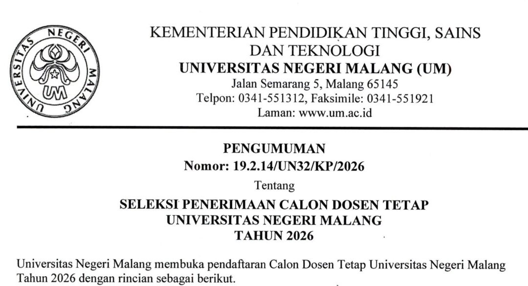 [PENGUMUMAN] Seleksi Penerimaan Calon Dosen Tetap UM Tahun 2026